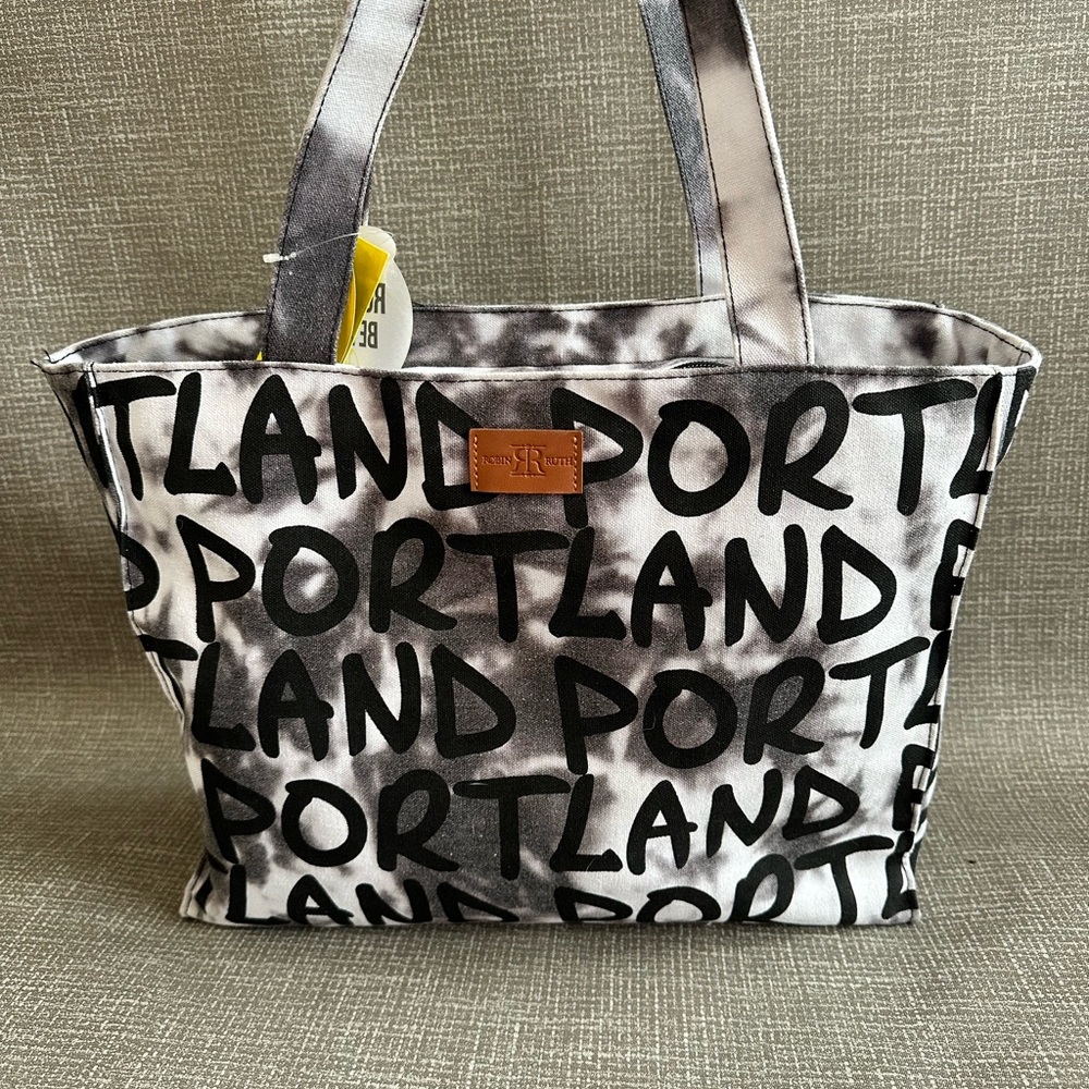 Robin Ruth Portland Marble Canvas Tote Bag Medium Black White Travel Shopper NWT